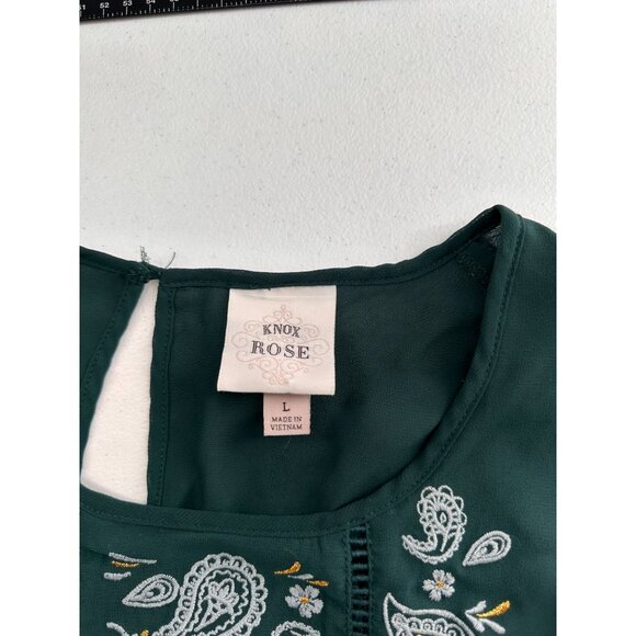 Knox Rose Green Sleeveless Embroidered Ruffle Hem Blouse Womens L Boho Fairy - Picture 3 of 7